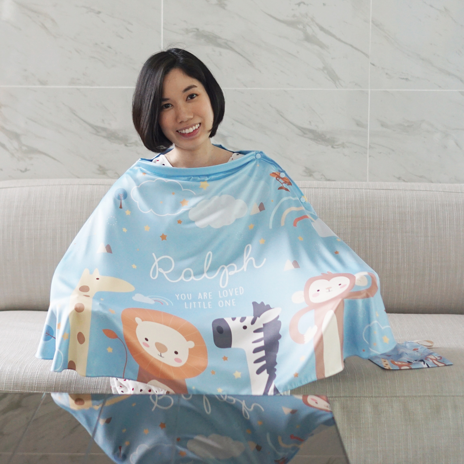 ผ้าคลุมให้นม 3in1 (รุ่นมีกระดุม ถอดโครงได้) แบบสั่งทำใส่ชื่อ ลาย Safari - Blue