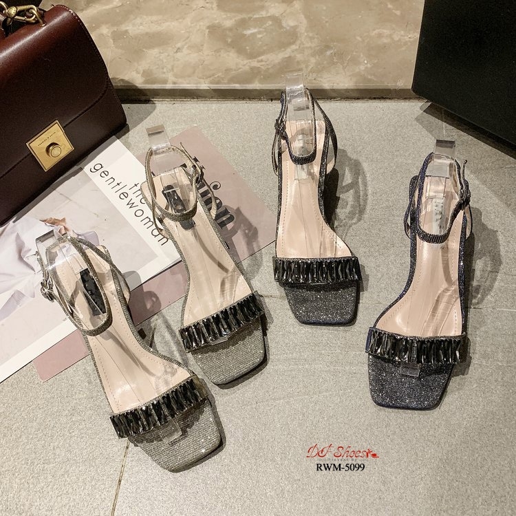 รองเท้าส้นตันแต่งคริสตัล (สีน้ำเงิน)