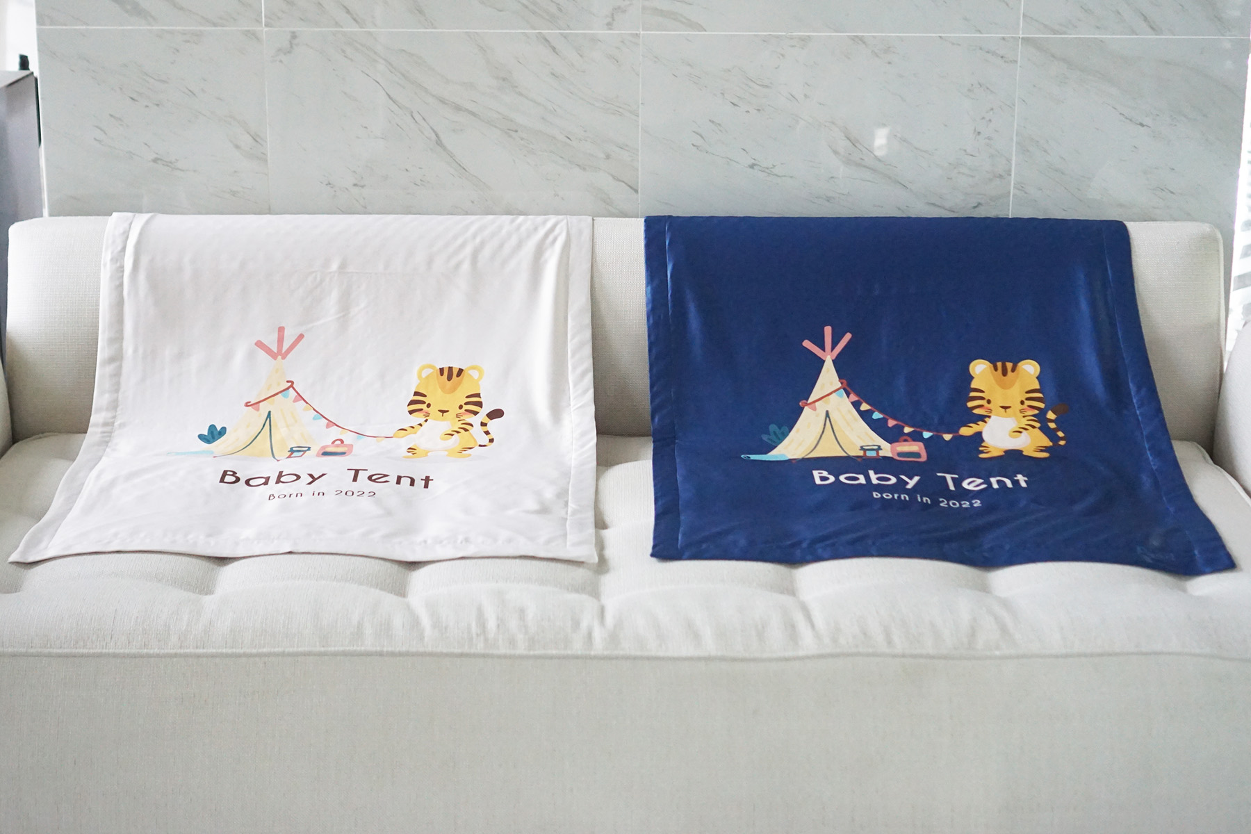 ผ้าห่มเด็ก สั่งทำใส่ชื่อ ลายเสือ ปีขาล Tiger with tent - Navy