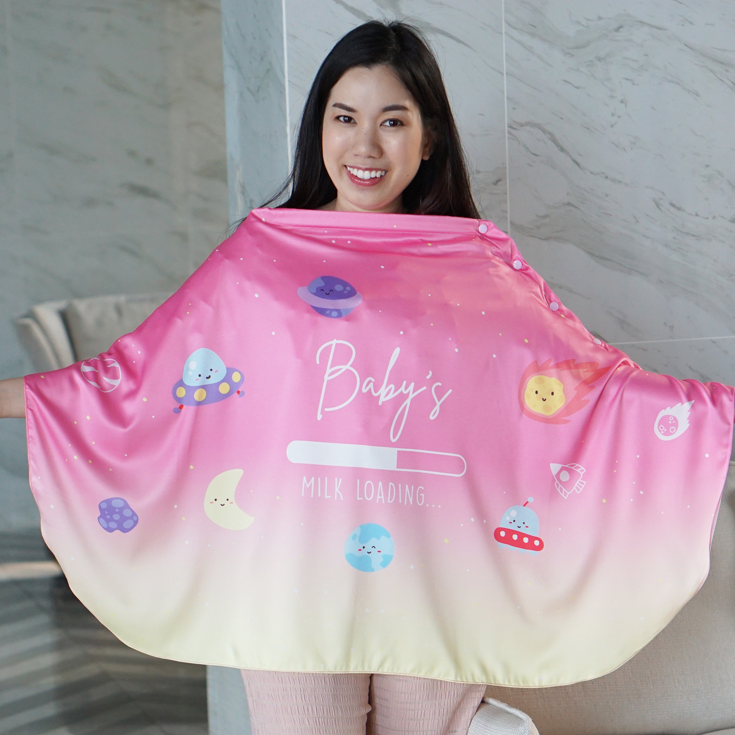 ผ้าคลุมให้นม (รุ่นมีกระดุม ถอดโครงได้) พร้อมส่ง ลาย Planet and Friends - Pink Yellow