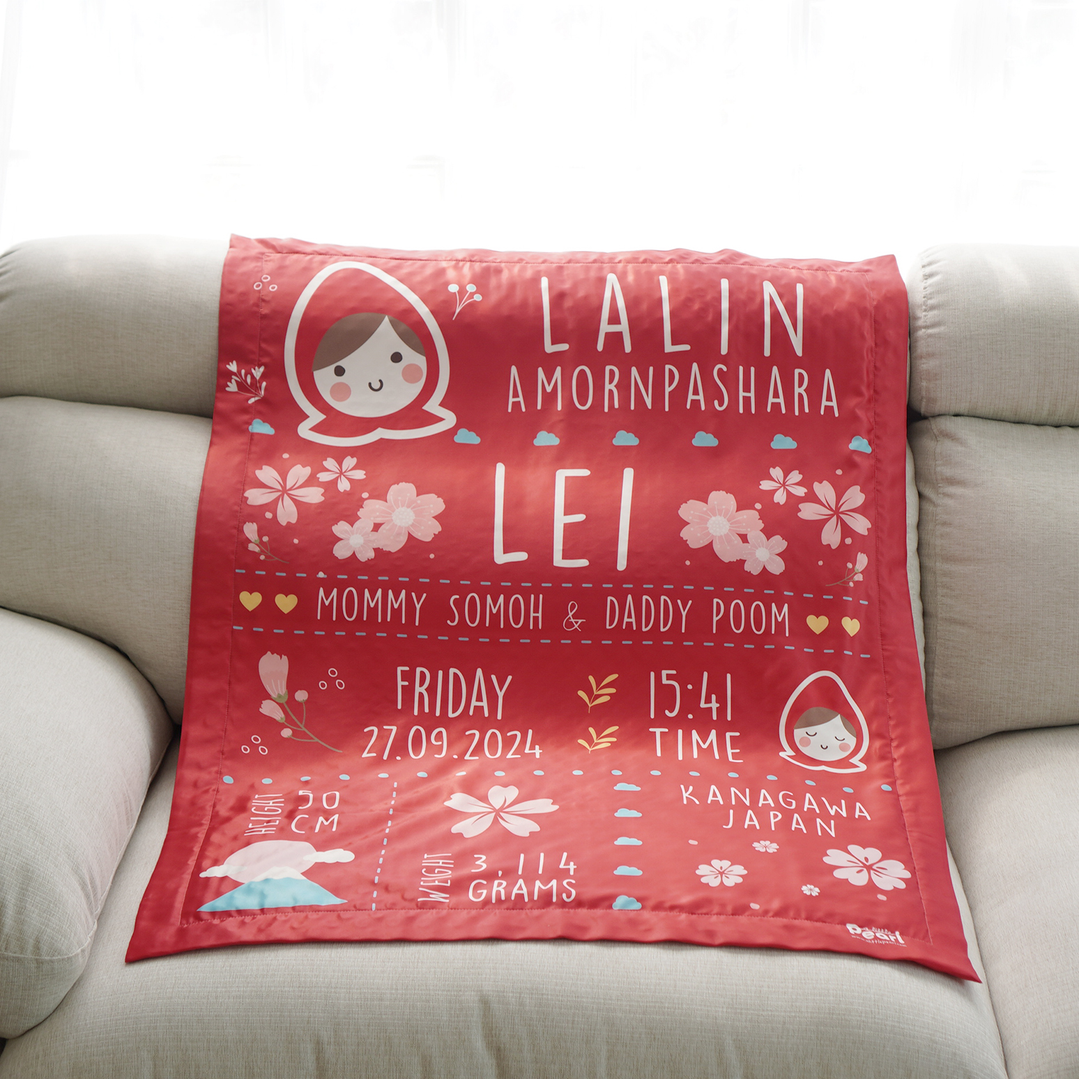 ผ้าห่มเด็ก ใส่ประวัติแรกเกิด ลาย Little Red Riding Hood - Red