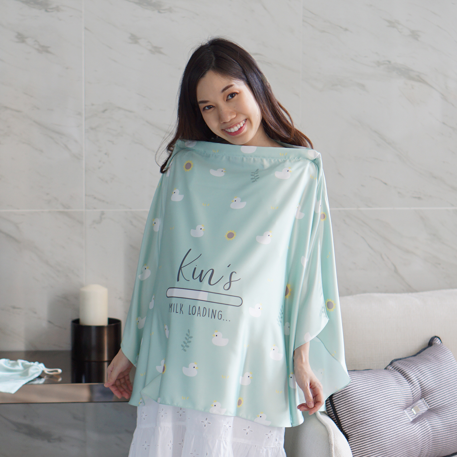 ผ้าคลุมให้นม สั่งทำใส่ชือ ลาย Pattern - Duck - Mint