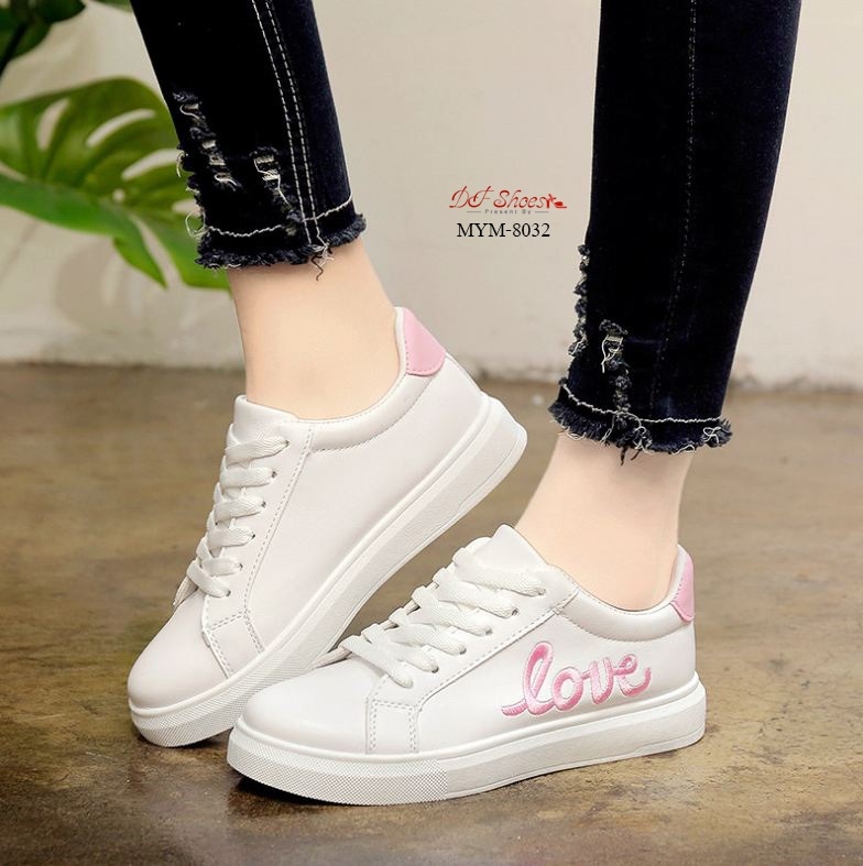 รองเท้าผ้าใบpuปักลายLove (สีชมพู)