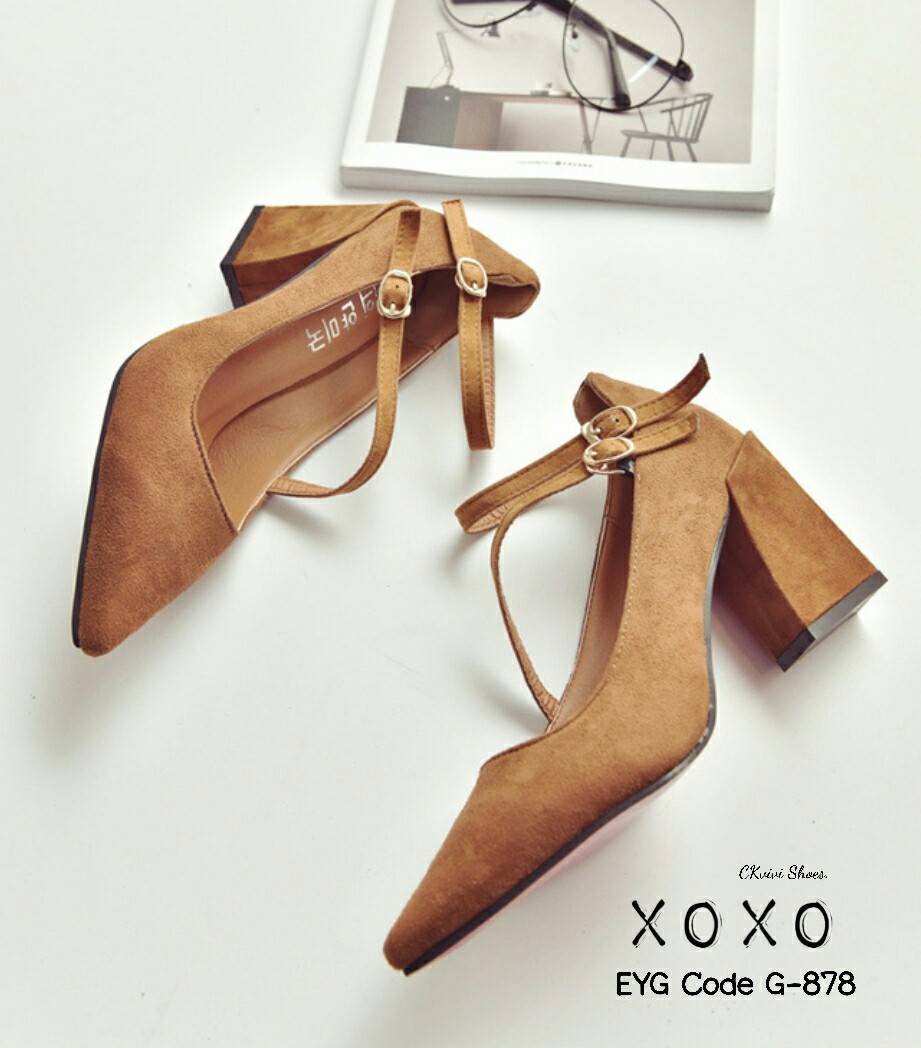 รองเท้าคัทชูส้นต้นแต่งสายรัด2ชั้น (สีน้ำตาล)