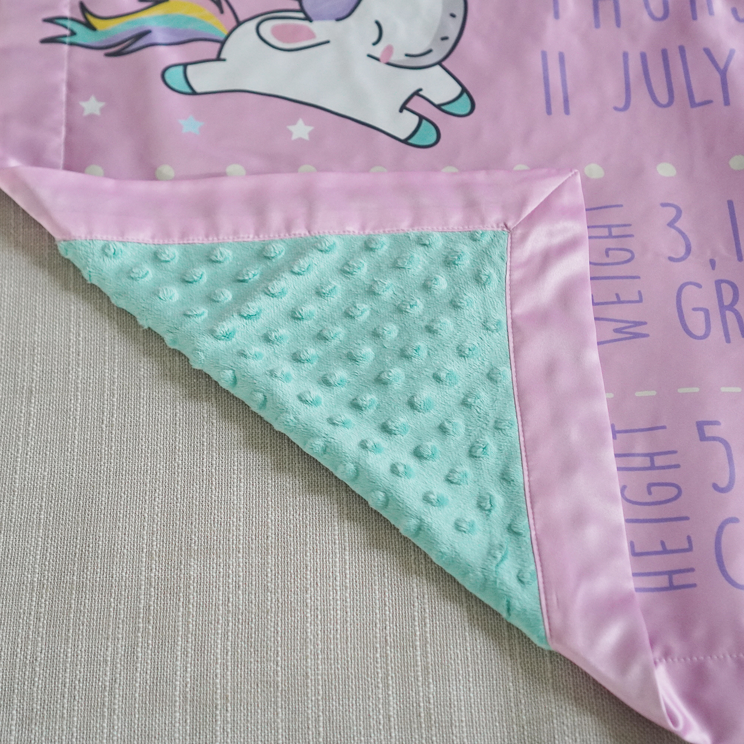 ผ้าห่มเด็ก ใส่ประวัติแรกเกิด ลายยูนิคอร์น - Unicorn - Pink Lavender