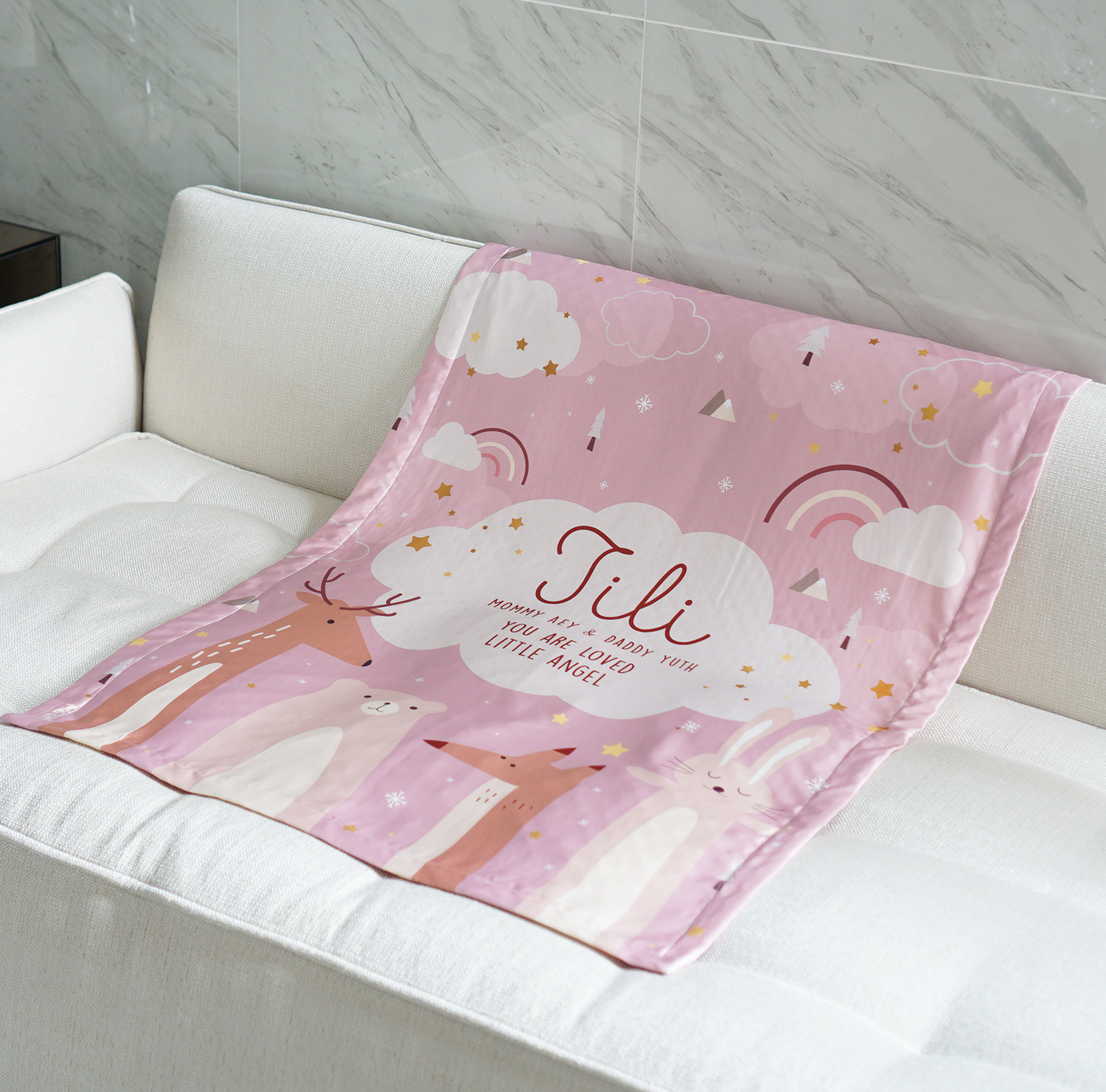 ผ้าห่มสั่งทำใส่ชื่อ ลาย Woodland - Pink