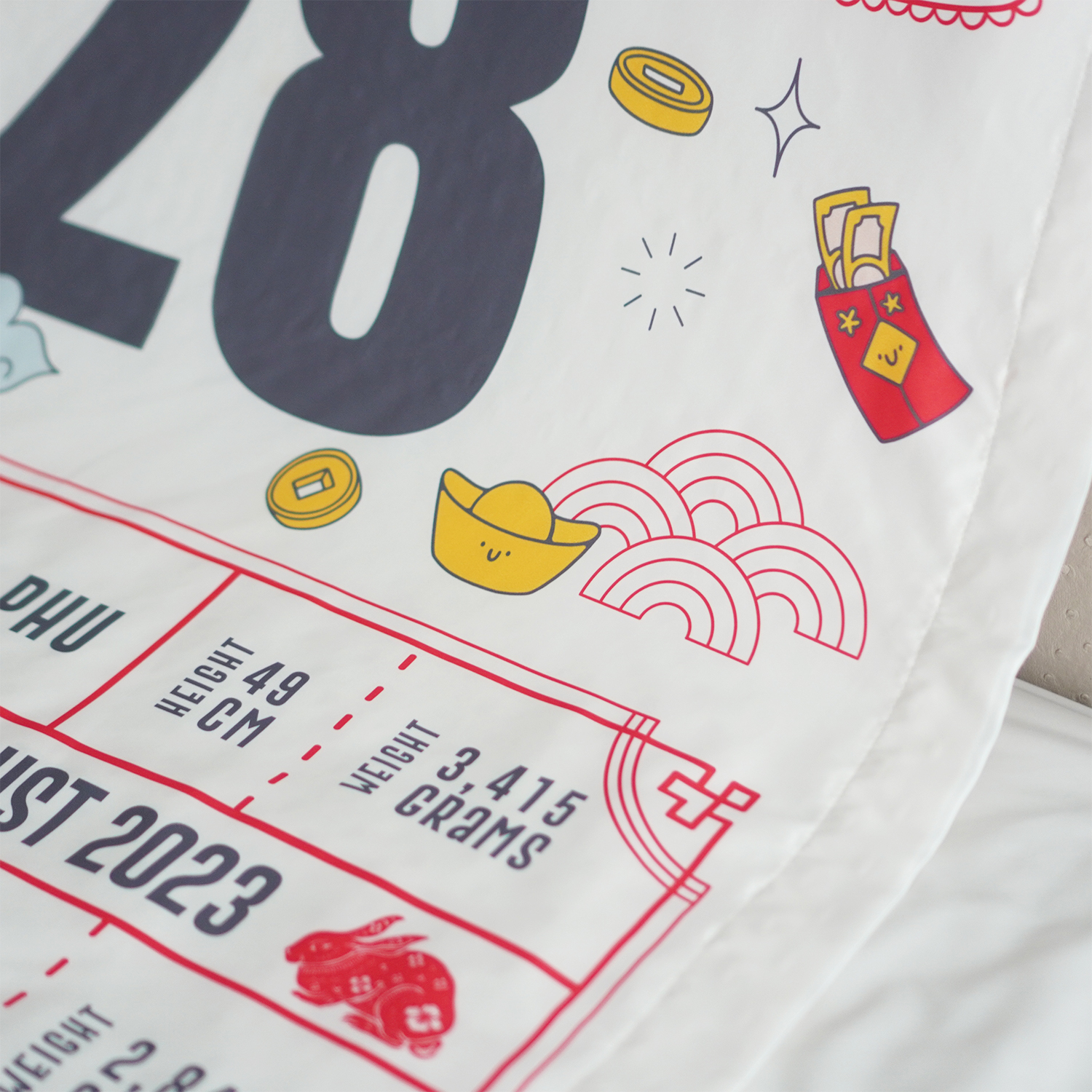 ชุดของขวัญเด็ก หมอนอิง 1 ใบ + ผ้าห่มขนาด 75x100cm ใส่รูปถ่าย ลาย Chinese Calendar White/Grey