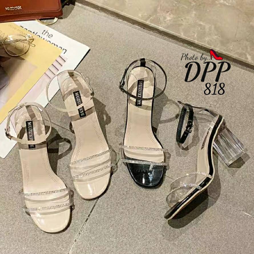 รองเท้าส้นแก้วแต่งสาคาดเพชร (สีดำ)