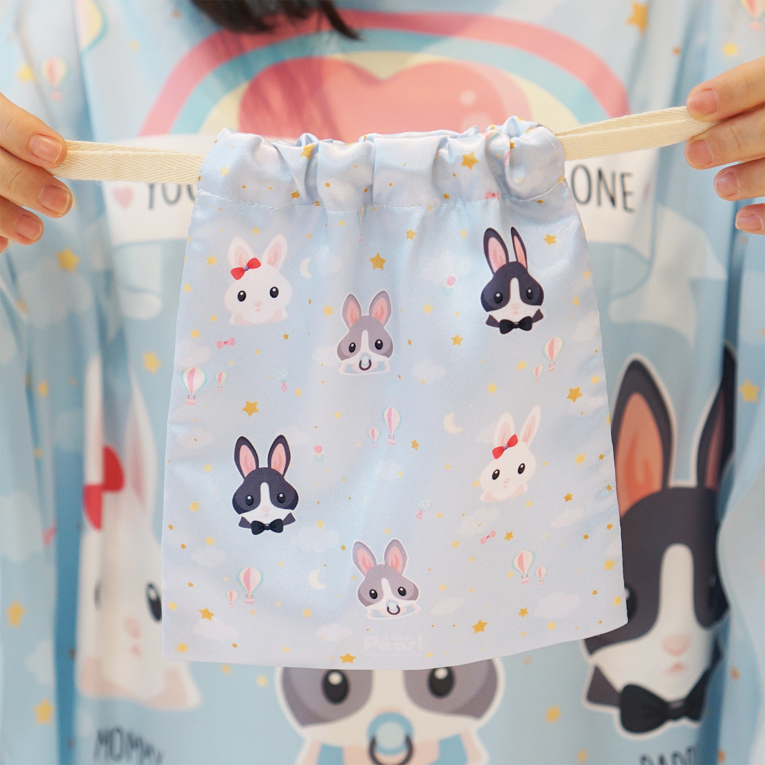 ถุงผ้าซาติน ลาย Rabbit and Rainbow - Blue