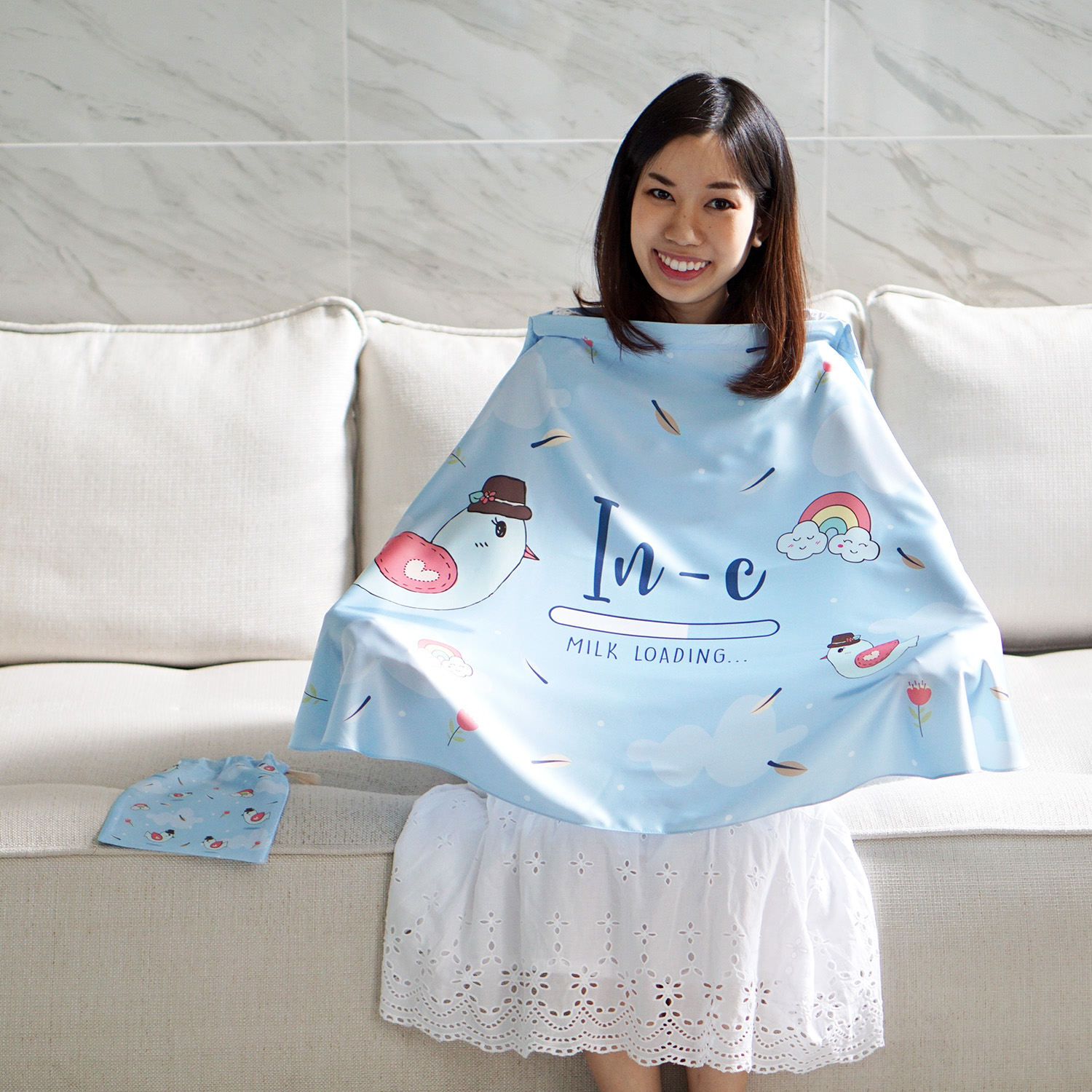 ผ้าคลุมให้นม สั่งทำใส่ชือ ลาย Bird - Blue