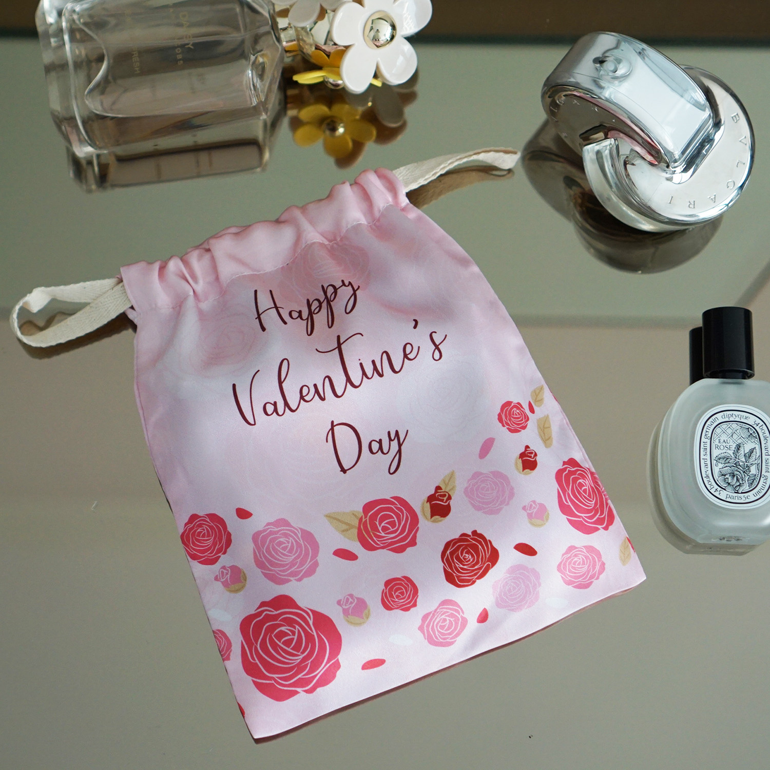ถุงผ้าซาติน ลาย Rose - Pink - Valentine