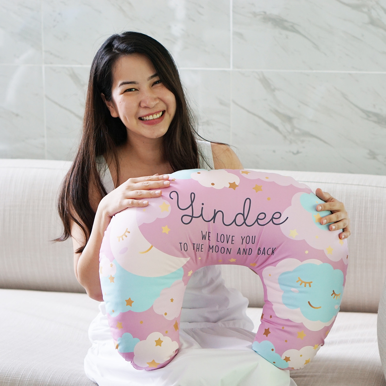 หมอนรองให้นม สั่งทำใส่ชื่อ ลาย Moon - Pink