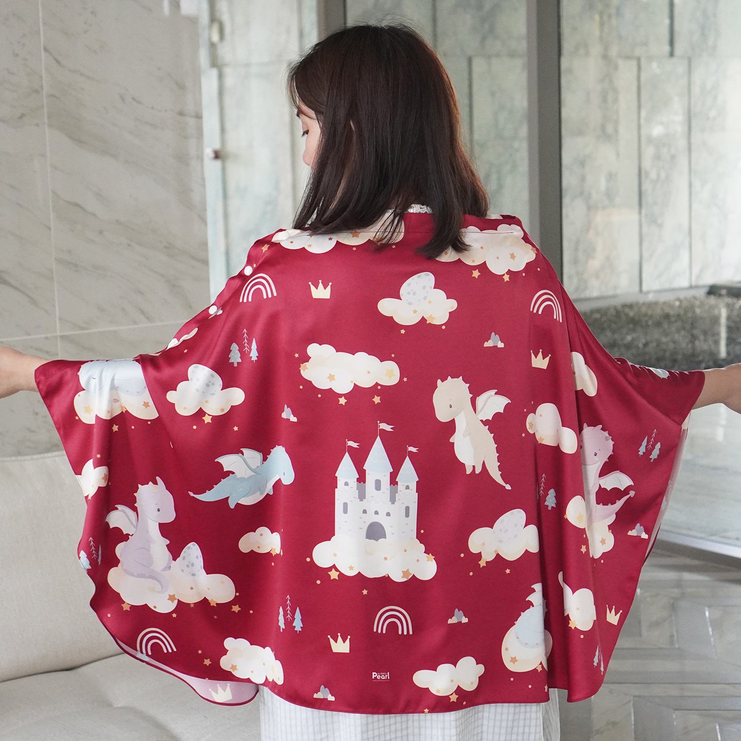 ผ้าคลุมให้นม 3in1 (รุ่นมีกระดุม ถอดโครงได้) แบบสั่งทำใส่ชื่อ ลาย Dragon - Red