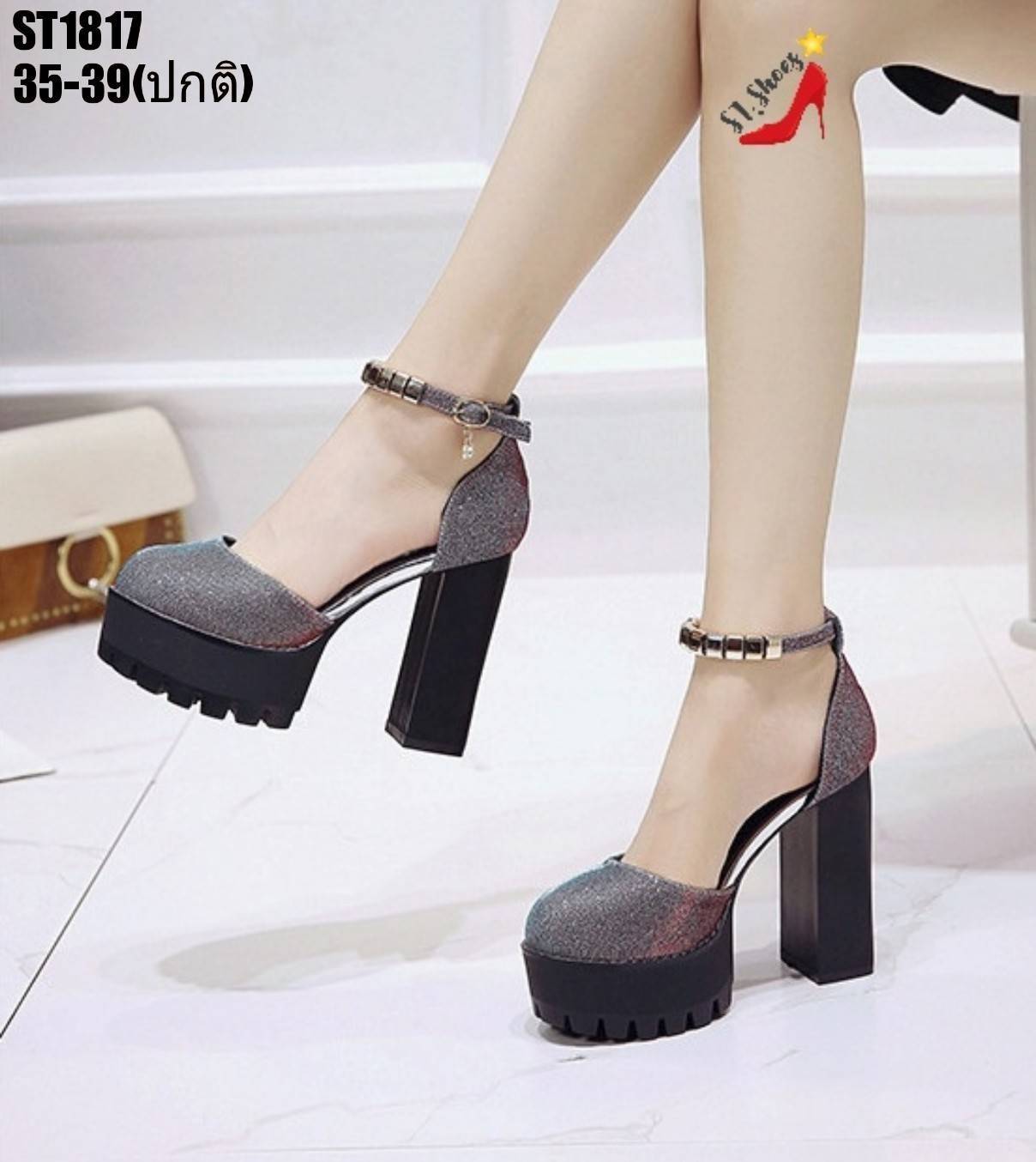 รองเท้าคัทชูส้นสูงหนังเลื่อม (สีฟ้า-แดง)