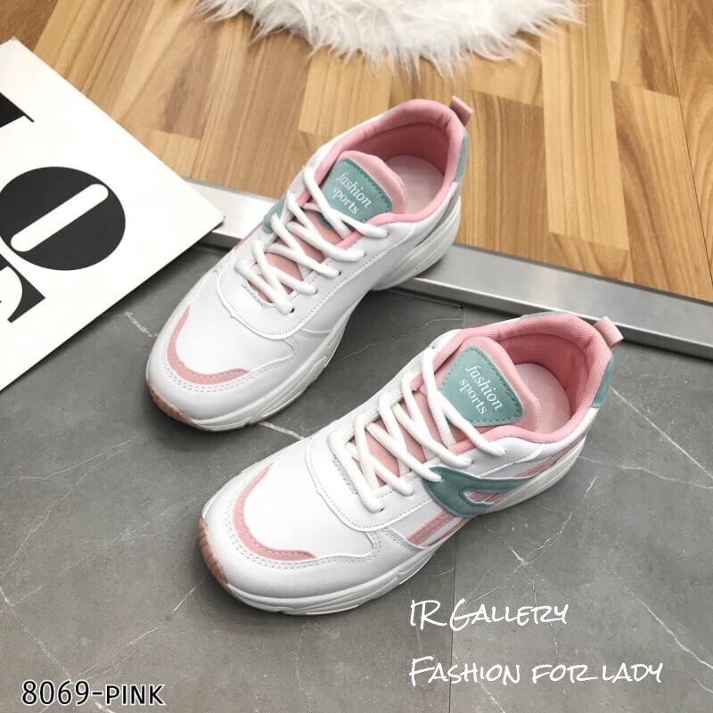 รองเท้าผ้าใบทรง Sportแต่งลายพาสเทล (สีชมพู)