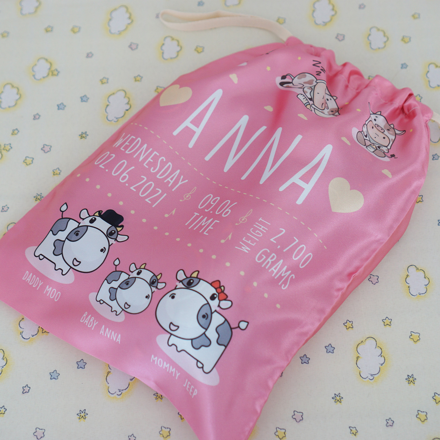 ถุงผ้าซาติน ไซส์ L สั่งทำใส่ชื่อ ลาย Mixed Cow - Pink