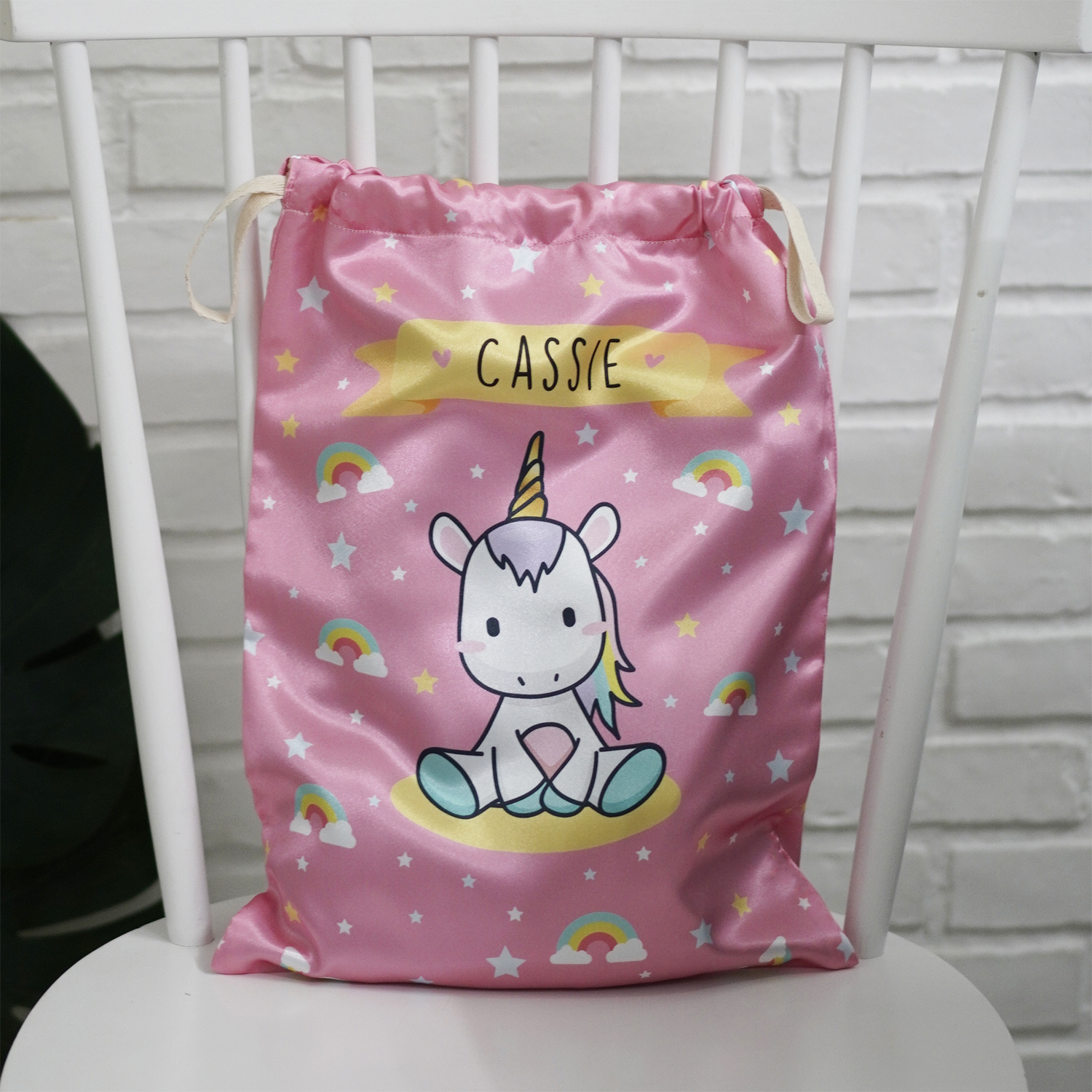 ถุงผ้าซาติน ไซส์ L สั่งทำใส่ชื่อ - Unicorn - Pink