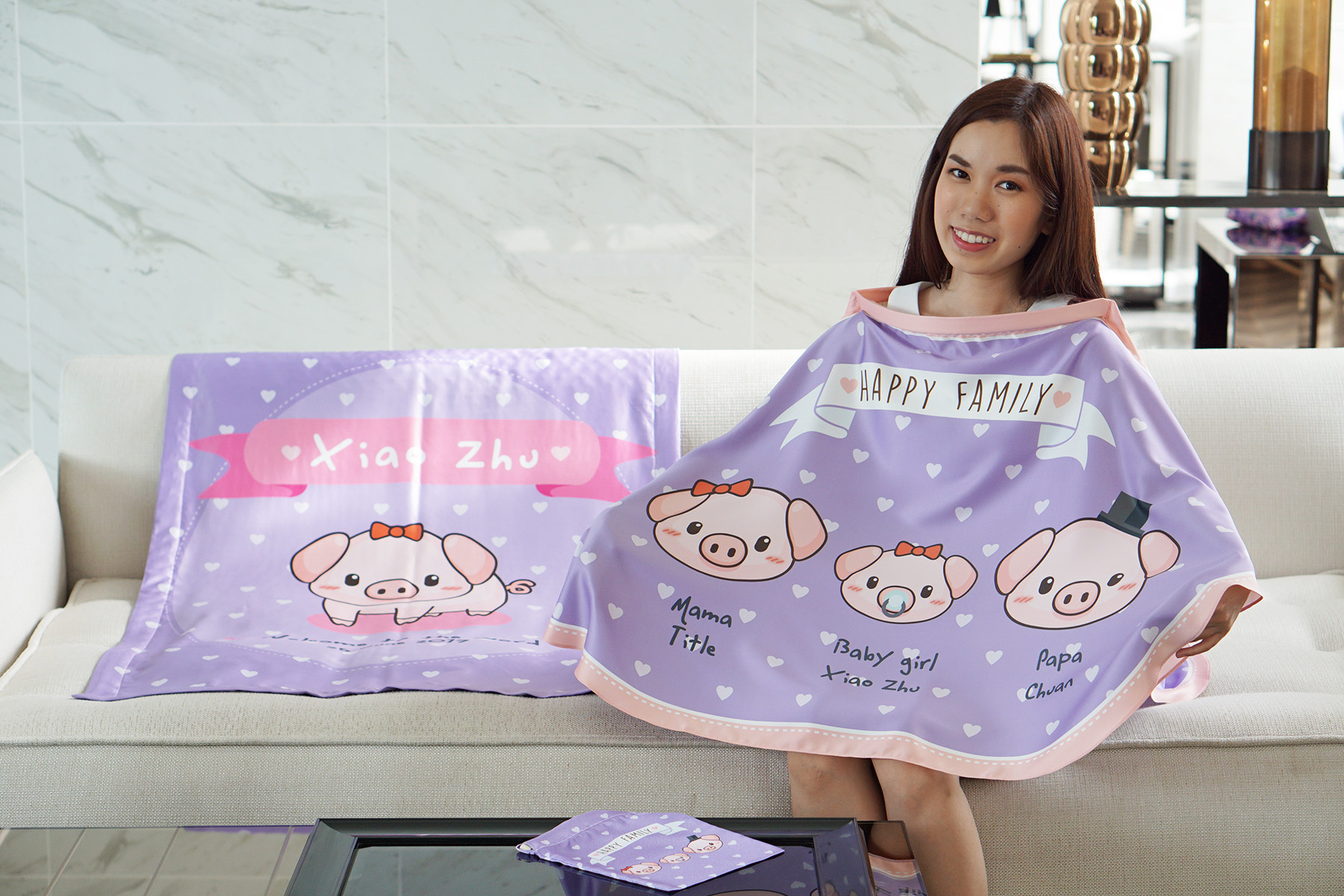 ชุดของขวัญเด็กแรกเกิด ผ้าคลุมให้นม + ผ้าห่มขนาด 75x100cm ลาย Pig - Purple
