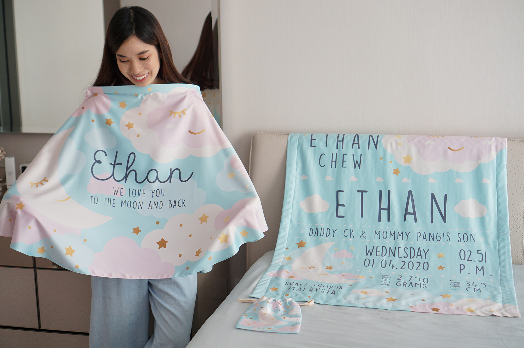 ชุดของขวัญเด็กแรกเกิด ผ้าคลุมให้นม + ผ้าห่มขนาด 75x100cm ลาย Moon - Mint
