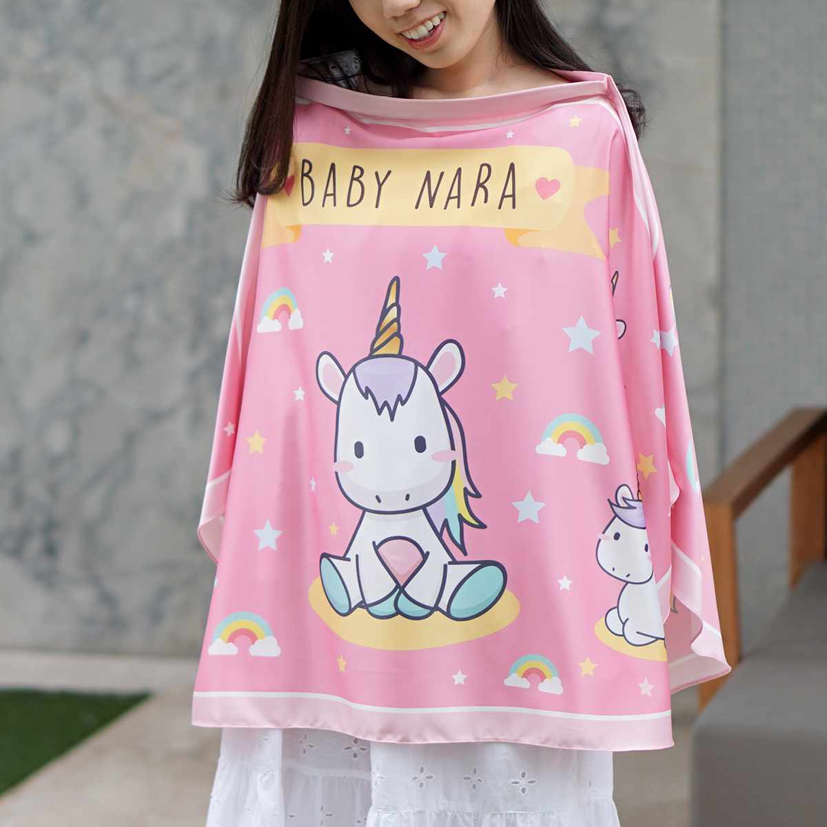 ผ้าคลุมให้นม สั่งทำใส่ชือ ลาย Unicorn - Pink
