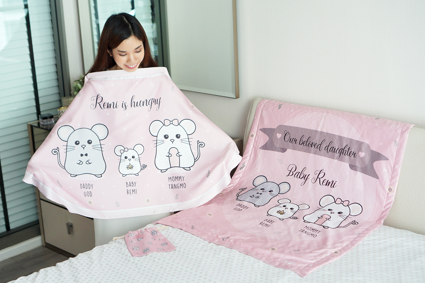 ชุดของขวัญเด็กแรกเกิด ผ้าคลุมให้นม + ผ้าห่มขนาด 75x100cm ลาย Mini Mouse - Pink