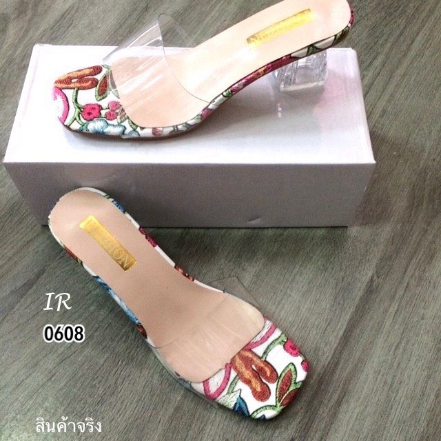 รองเท้าส้นแก้วเปิดส้นแต่งลาย (สีเหลือง)