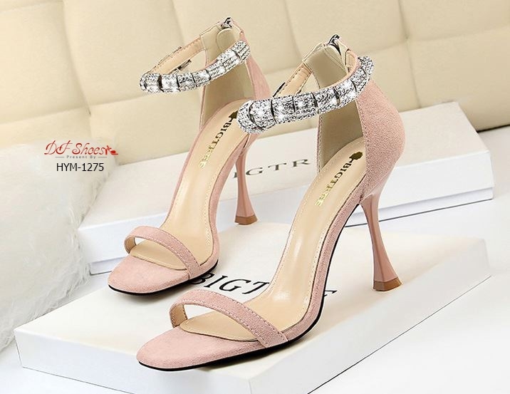 รองเท้าส้นสูงแต่งอะไหล่เพชรรัดข้อ (สีชมพู)