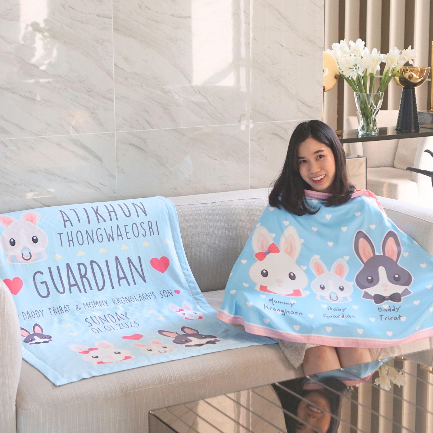 ชุดของขวัญเด็กแรกเกิด ผ้าคลุมให้นม + ผ้าห่มขนาด 75x100cm ลาย Rabbit - Blue