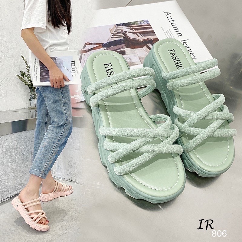 รองเท้าแตะส้นเตารีดพื้นอมยิ้ม (สีชมพู)