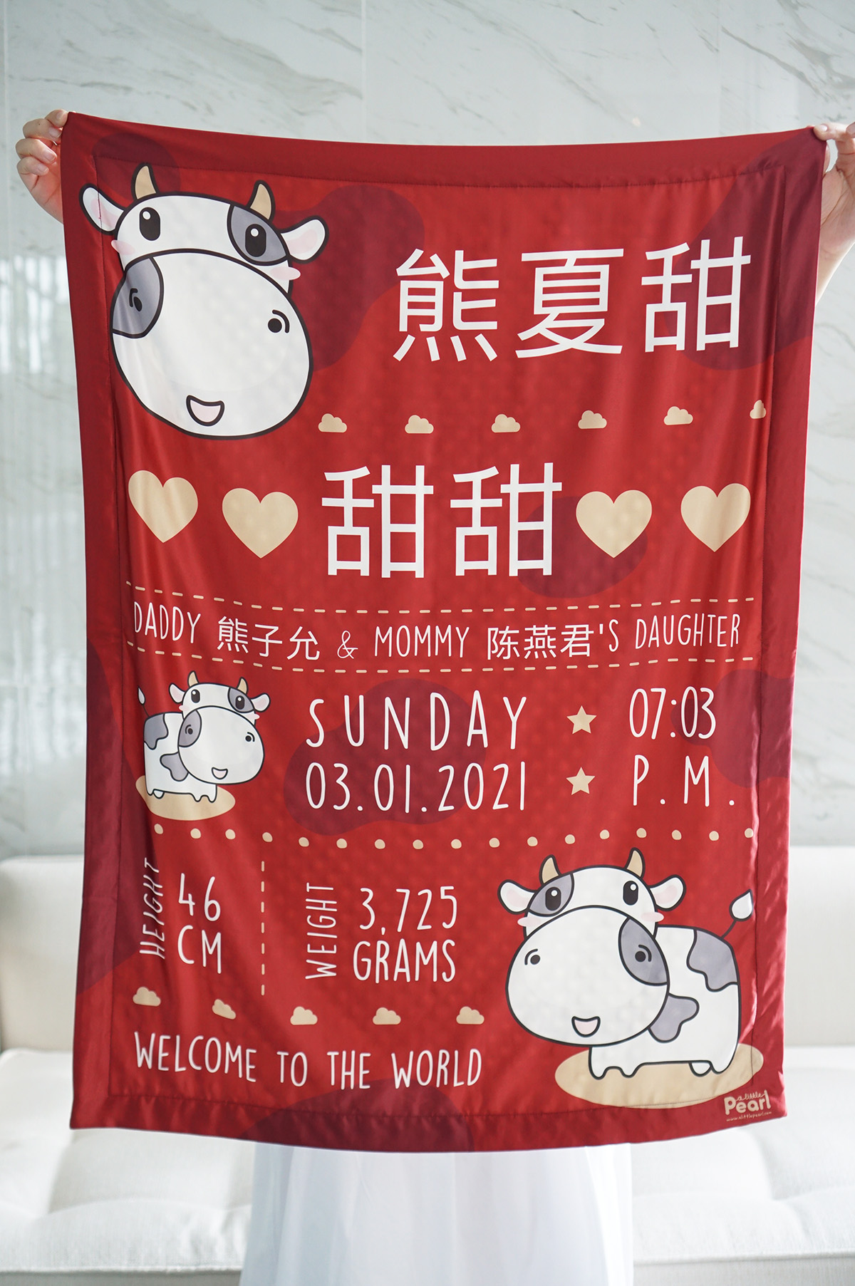 ผ้าห่มเด็ก ใส่ประวัติแรกเกิด ลายวัว Cow - Red