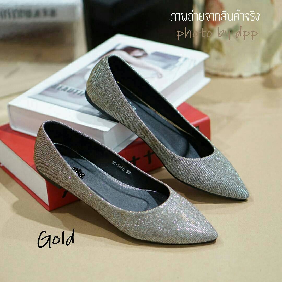 พร้อมส่ง : คัทชูหัวแหลมส้นแบน (สีทอง)
