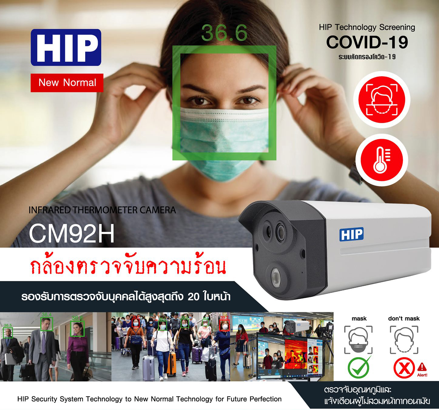 ขายถูก HIP รุ่นCM92H Thermal Camera Solution ระบบกล้องตรวจสอบและตรวจจับอุณหภูมิ ความร้อน กล้องวัดไข้ กล้องวัดความร้อนบุคคลสามารถตรวจวัดได้มากถึง 20 คน พร้อมกัน แจ้งเตือนผ่านหน้าจอ พร้อมระบบ Alarm
