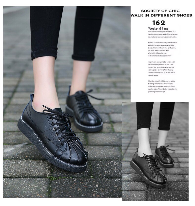 รองเท้าผ้าใบหนังนิ่มสไตล์วินเทจ (สีดำ)