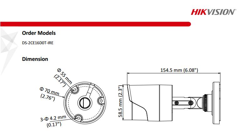 ขายถูก HIKVISION Turbo HD รุ่น DS-2CE16D0T-IRE ความละเอียด 2 ล้านพิกเซล จ่ายไฟในสายRG6