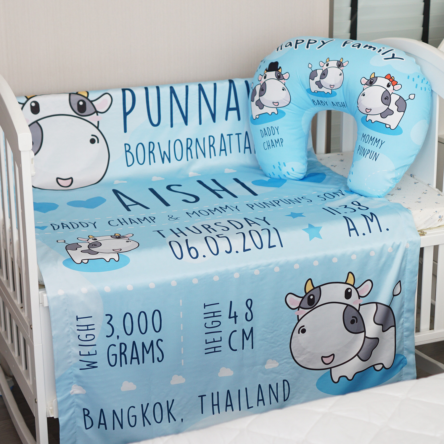 ชุดของขวัญเด็กแรกเกิด ผ้าห่ม ขนาด100x150cm + หมอนรองให้นม ลาย Cow1 - Blue (Rabbit Blue)