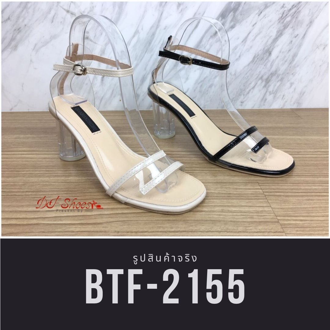 รองเท้าส้นแก้วอะคริลิคแต่งสายคาด (สีดำ)