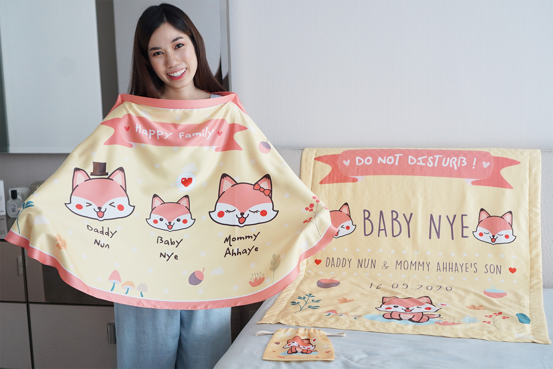 ชุดของขวัญเด็กแรกเกิด ผ้าคลุมให้นม + ผ้าห่มขนาด 75x100cm ลาย Fox - Yellow