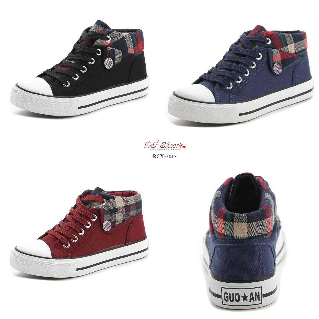 รองเท้าผ้าใบหุ้มข้อแต่งผ้าลายสก็อต (สีแดง)