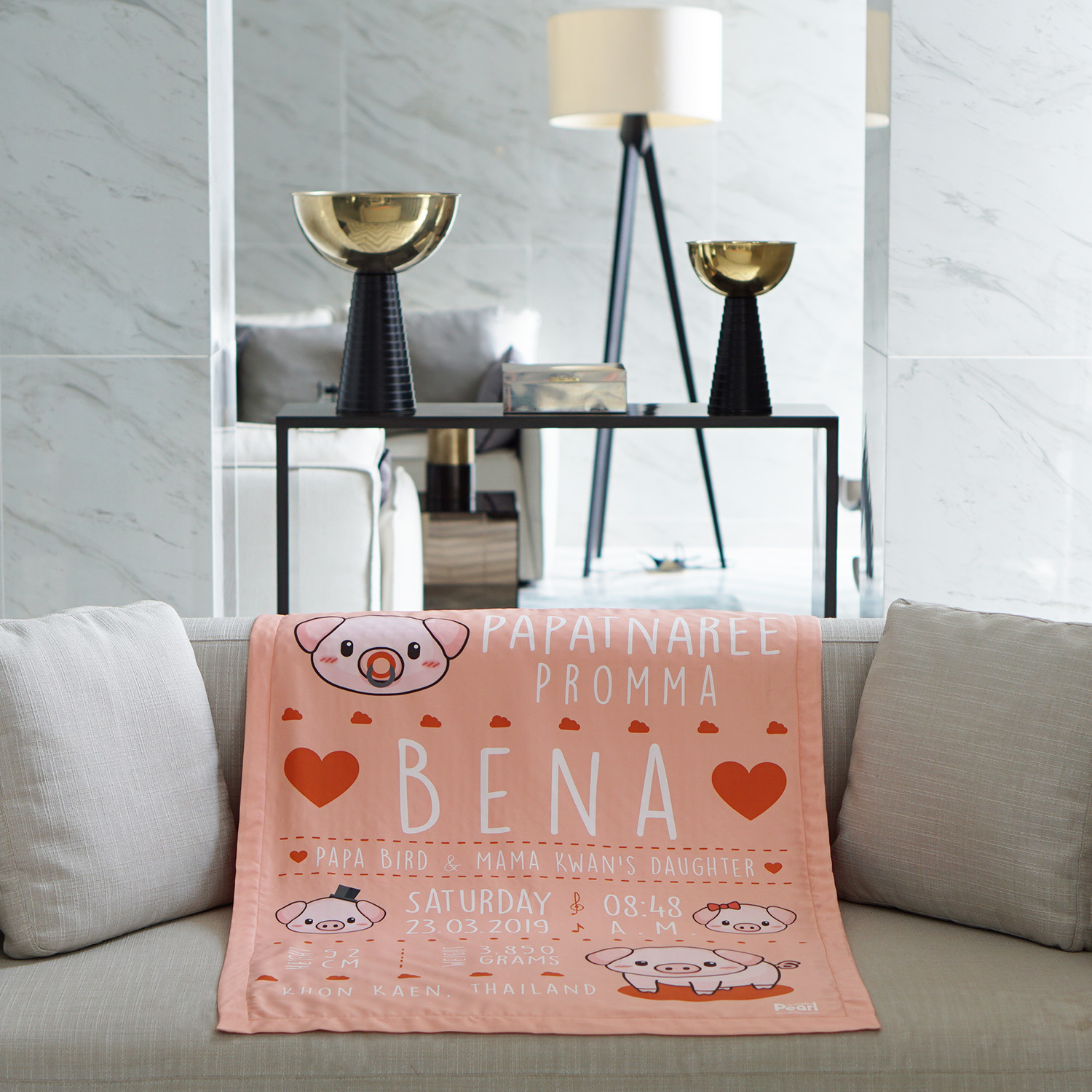 ผ้าห่ม ใส่ประวัติแรกเกิด ลายหมู สีส้มพีช - Peach