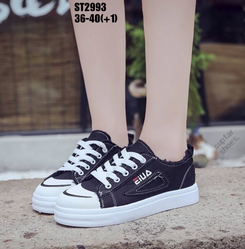 รองเท้าผ้าใบแคชชวลแต่งขอบ (สีดำ)