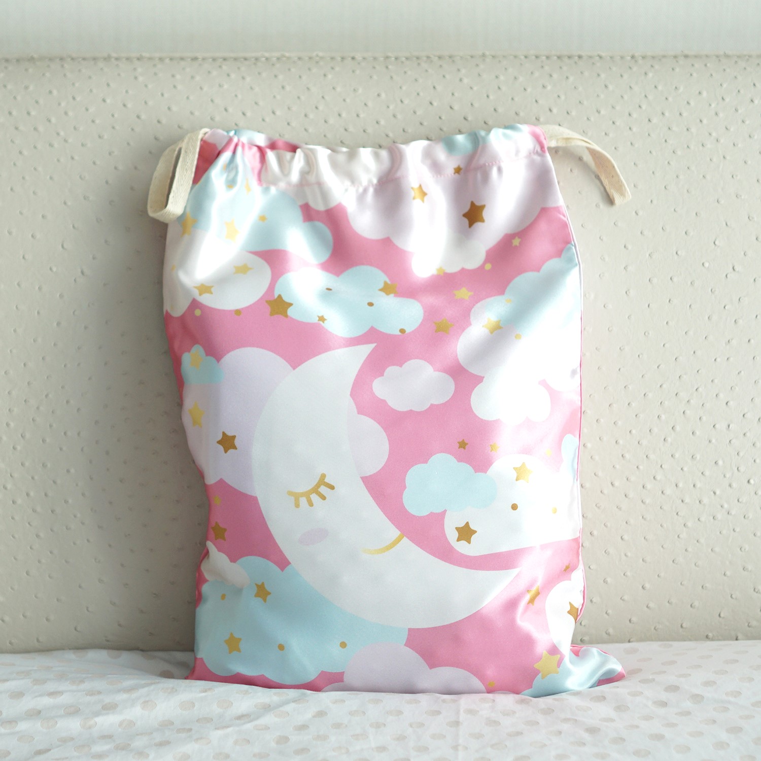 ถุงผ้าซาติน ไซส์ L สั่งทำใส่ชื่อ - Moon - Dark Pink