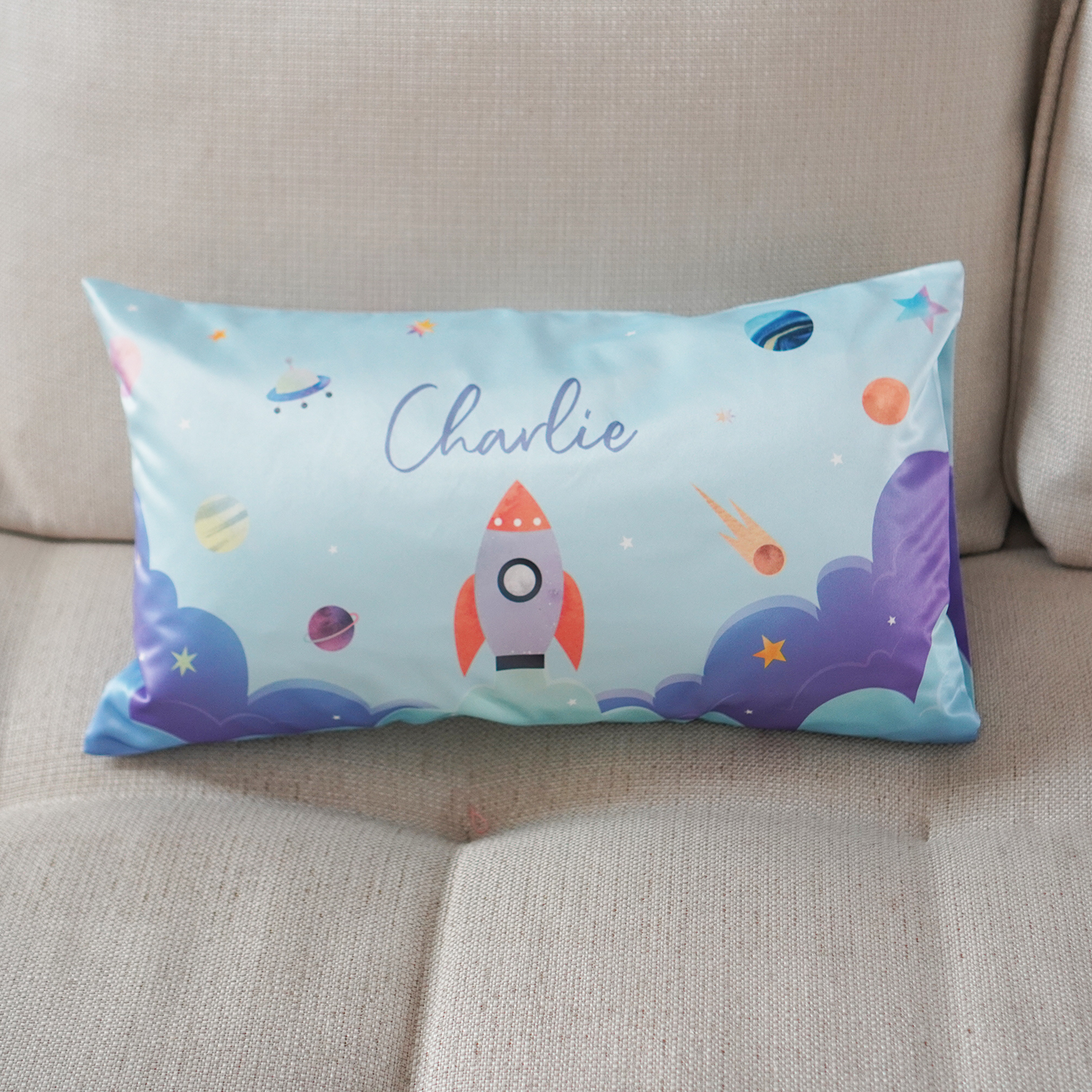 หมอนเด็ก สั่งทำใส่ชื่อ ลาย Rocket - Blue
