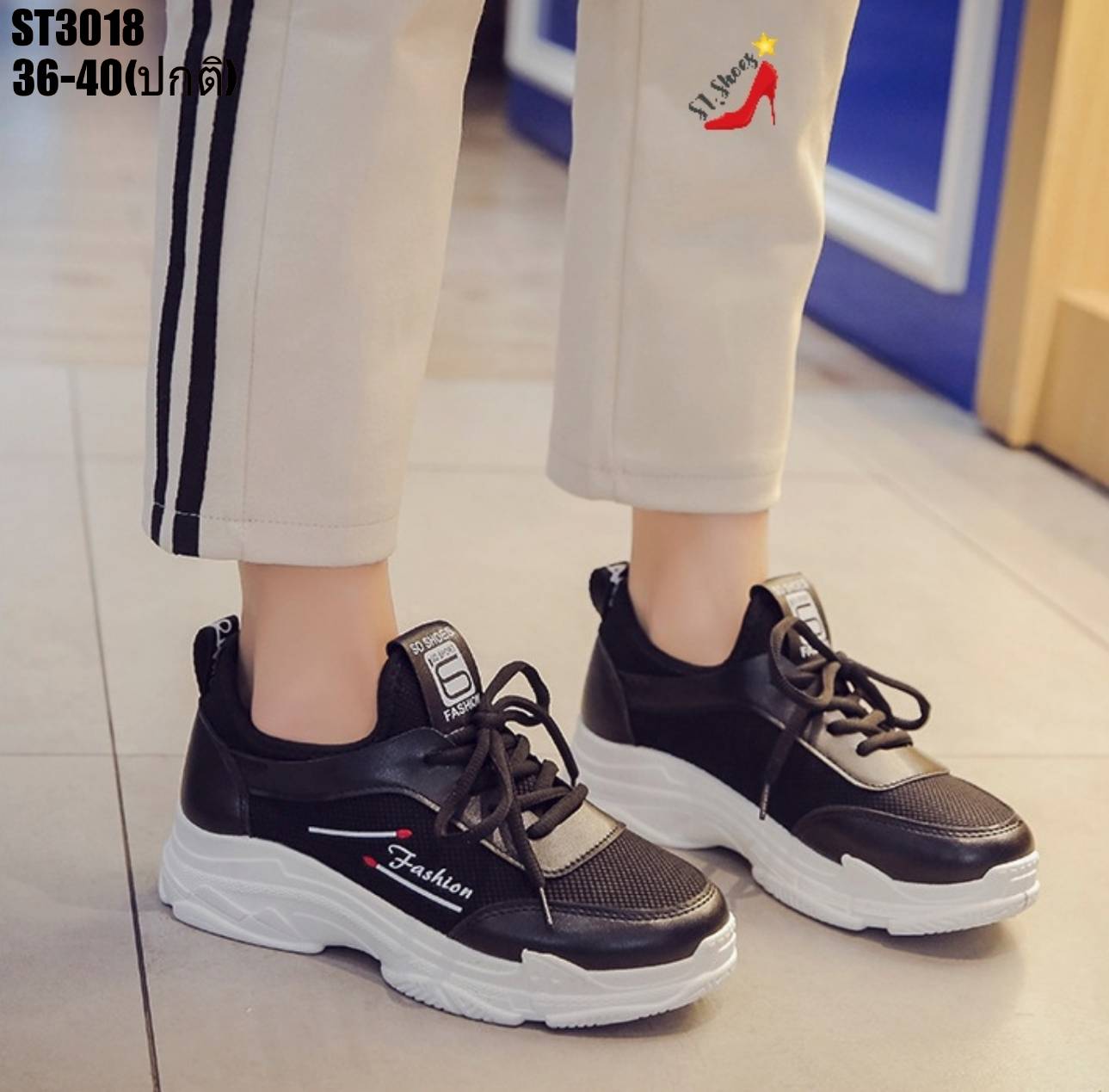 รองเท้าผ้าใบทรงSporทรงสวมtแต่งเชือกหลอก (สีดำ)