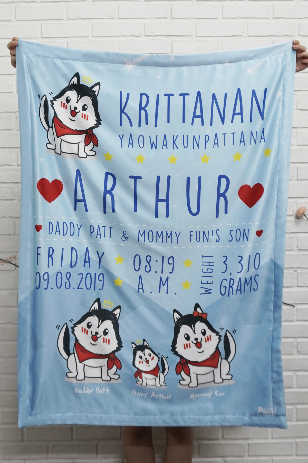 ผ้าห่มเด็ก ใส่ประวัติแรกเกิด ลาย Siberian Husky - Blue