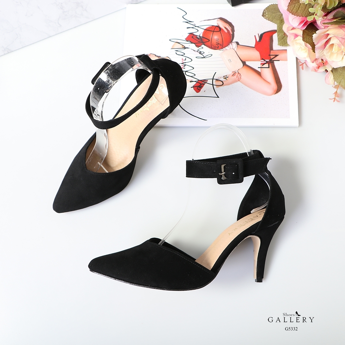 รองเท้าคัทชูส้นสูงสักหลาดรัดข้อ (สีดำ)