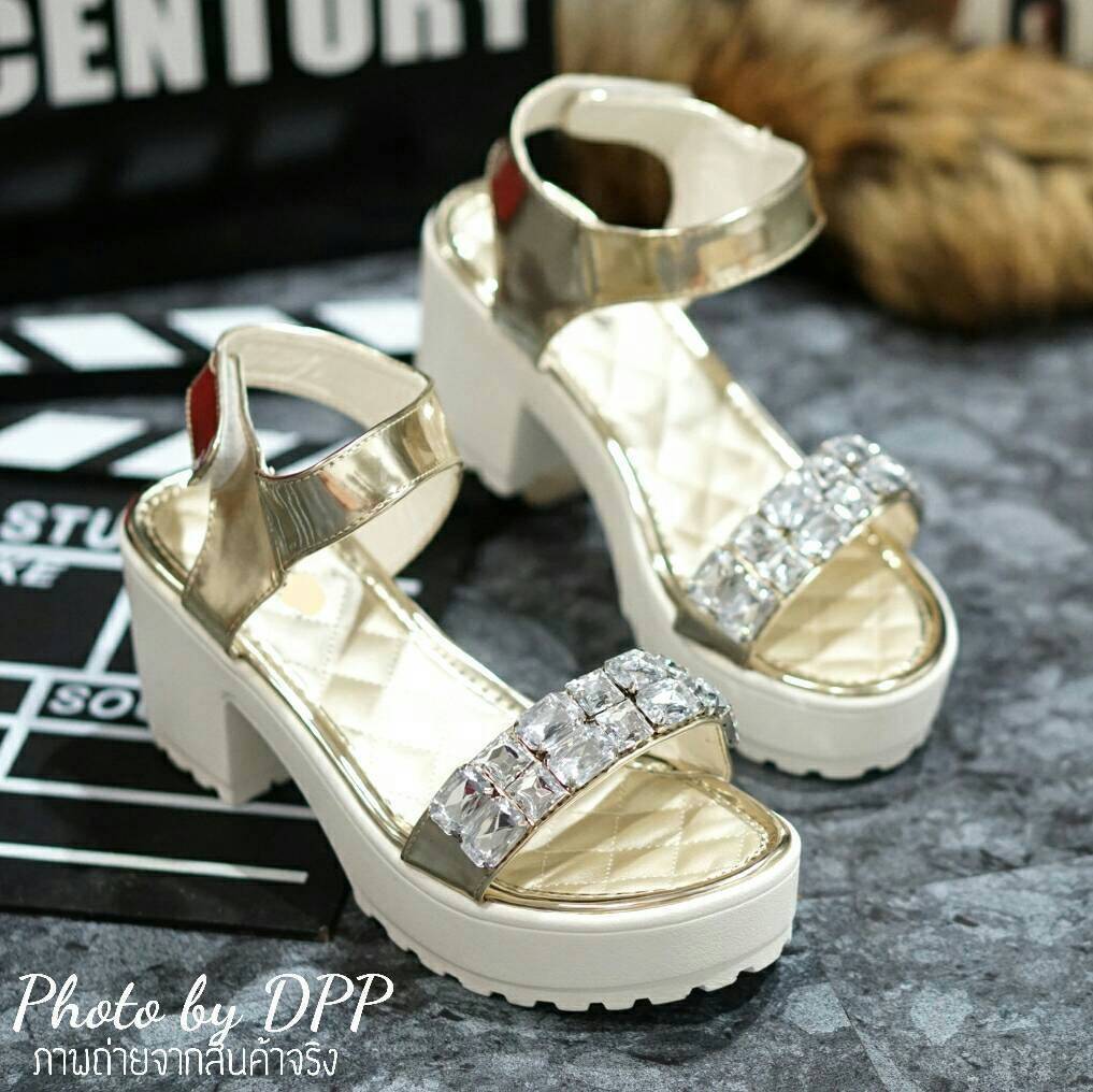 พร้อมส่ง : รองเท้าส้นสูงหน้าประดับเพชร (สีทอง)