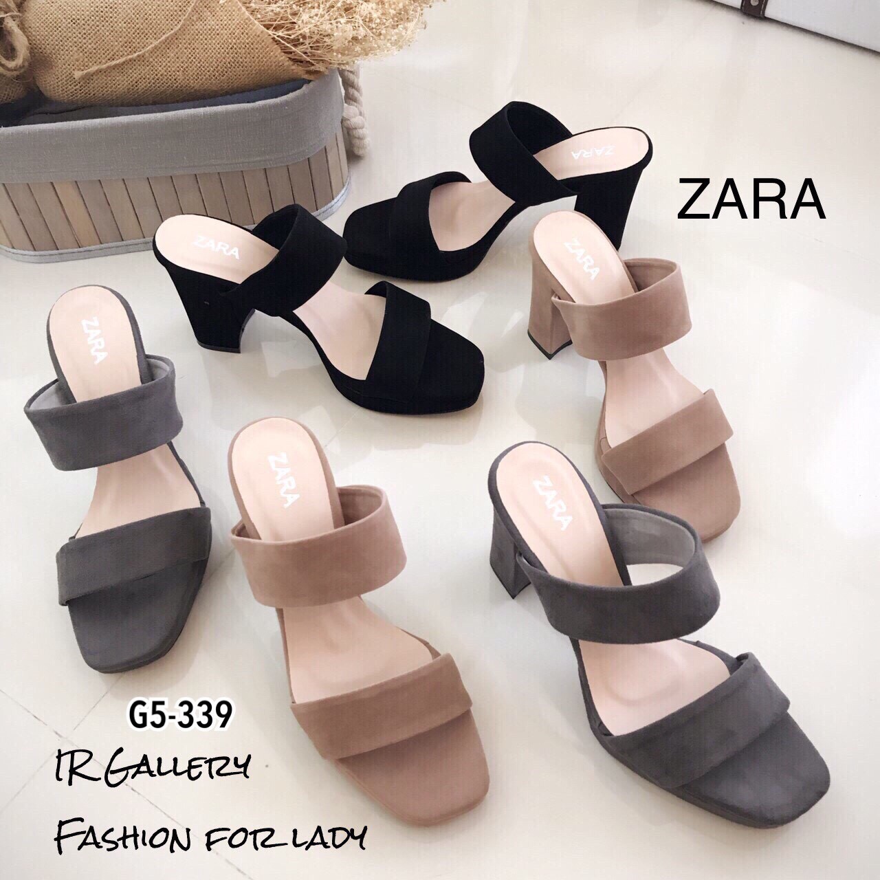รองเท้าส้นตันเปิดส้น Style Zara (สีกากี)