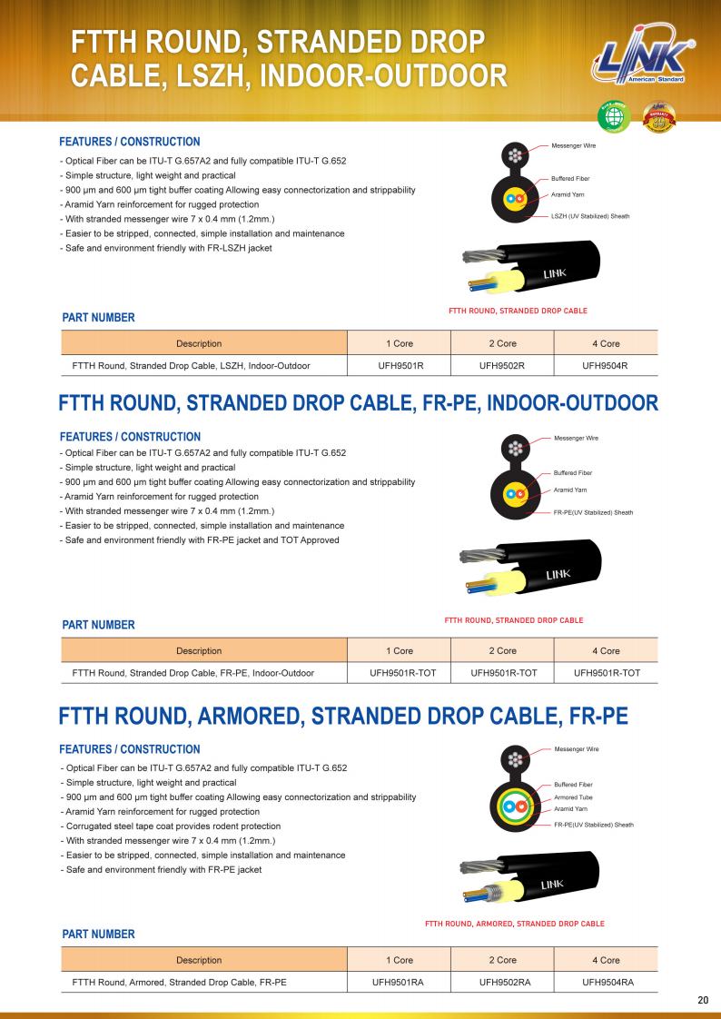 ขายถูก LINK UFH9501R FTTH ROUND, 1C STRANDED DROP CABLE, LSZH, INDOOR-OUTDOOR