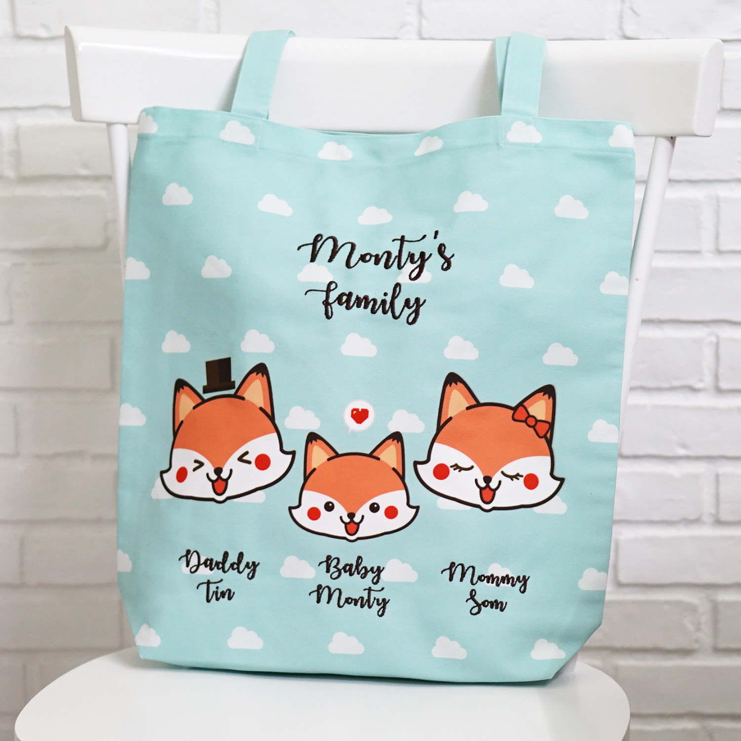 กระเป๋าผ้าแคนวาส ปักชื่อ ลาย Fox - Mint