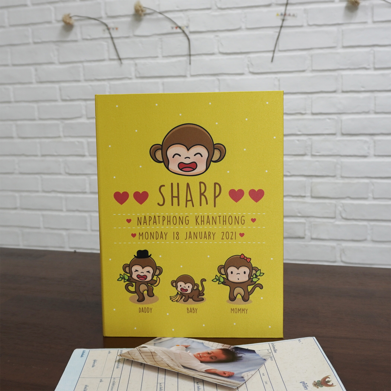 แฟ้มทะเบียนสมรส/สูติบัตร สั่งทำใส่ข้อความ ลาย Monkey - Yellow